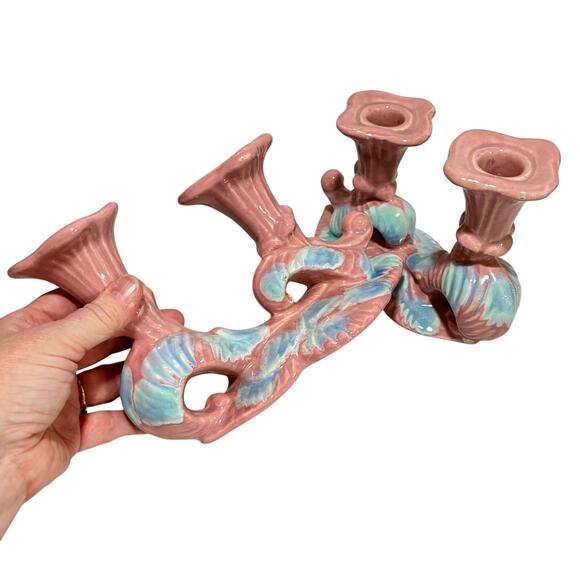 Vintage Mid Century Royal Haeger pottery candle holders Mauve Blue Agate PAIR - Picture 5 of 11